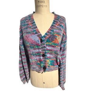 Nasty Gal Collection Multi Color Striped Cropped Button Front Cardigan Sweater L